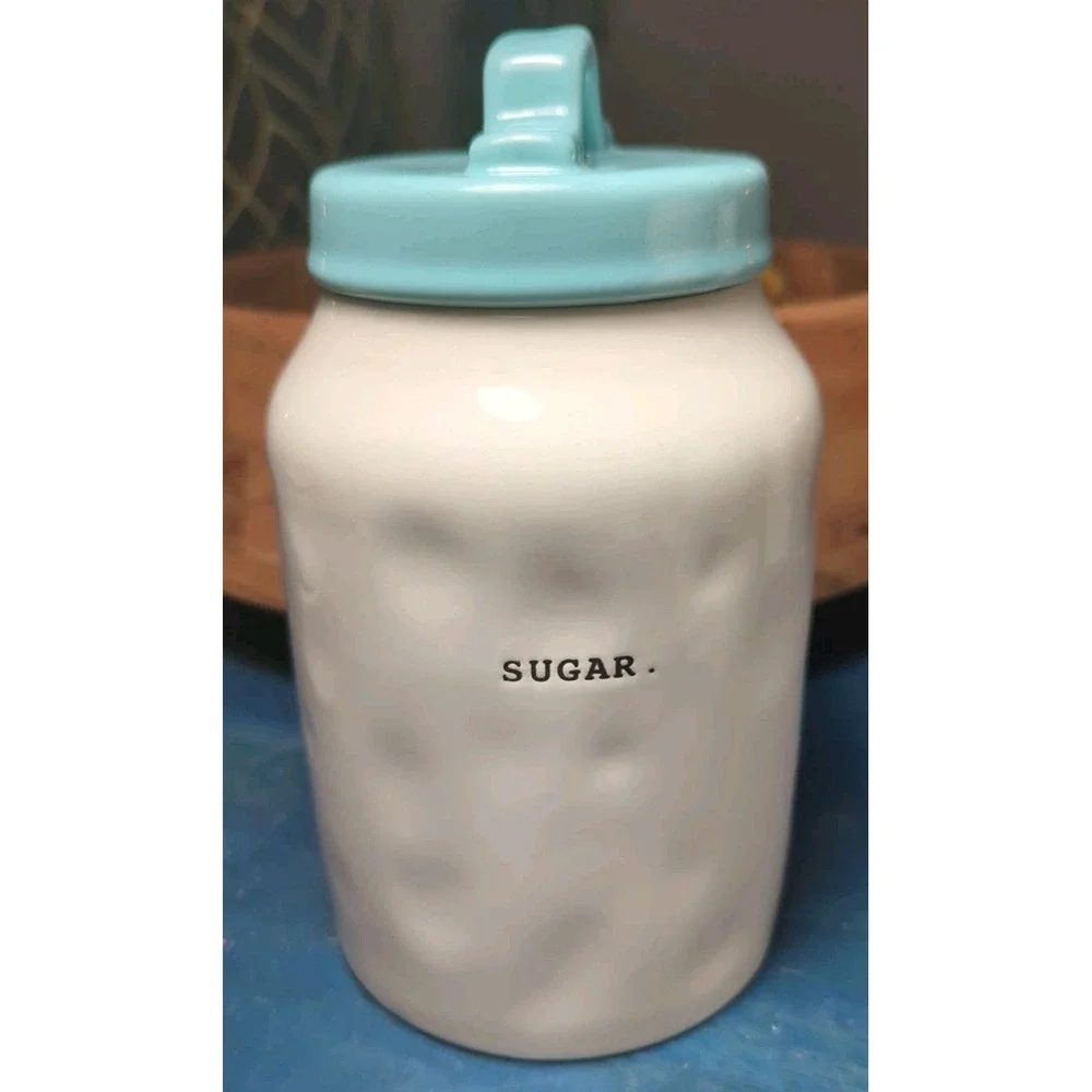 Rae Dunn Sugar Canister Jar w Blue Lid Typewriter Font Artisan‎ Collection 8in
